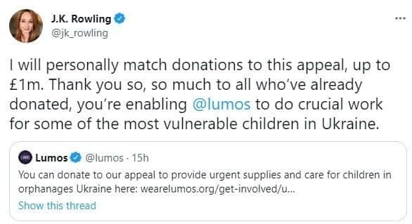 Joan Rowling donated £1 million to help Ukrainian children