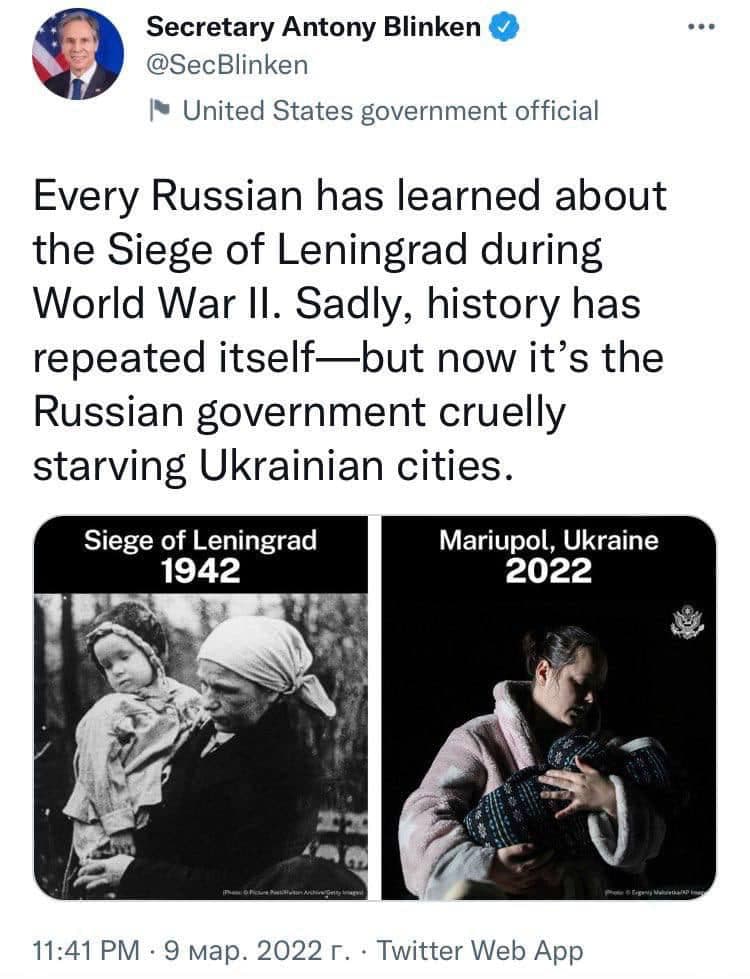 U.S. Secretary of State Anthony Blinken compared the blockade of Leningrad and Mariupol.