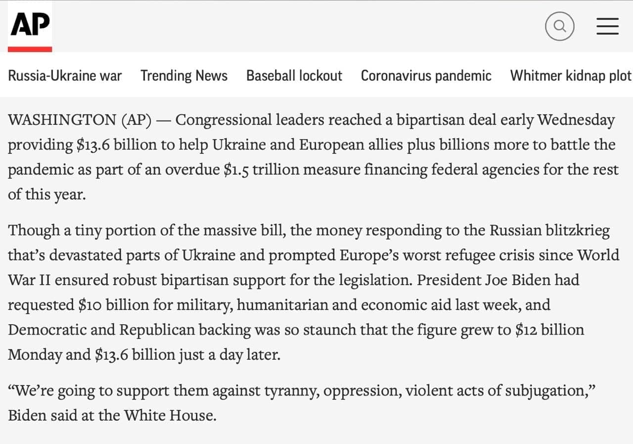 Congress to allocate $13.6 billion in aid to Ukraine and European allies.