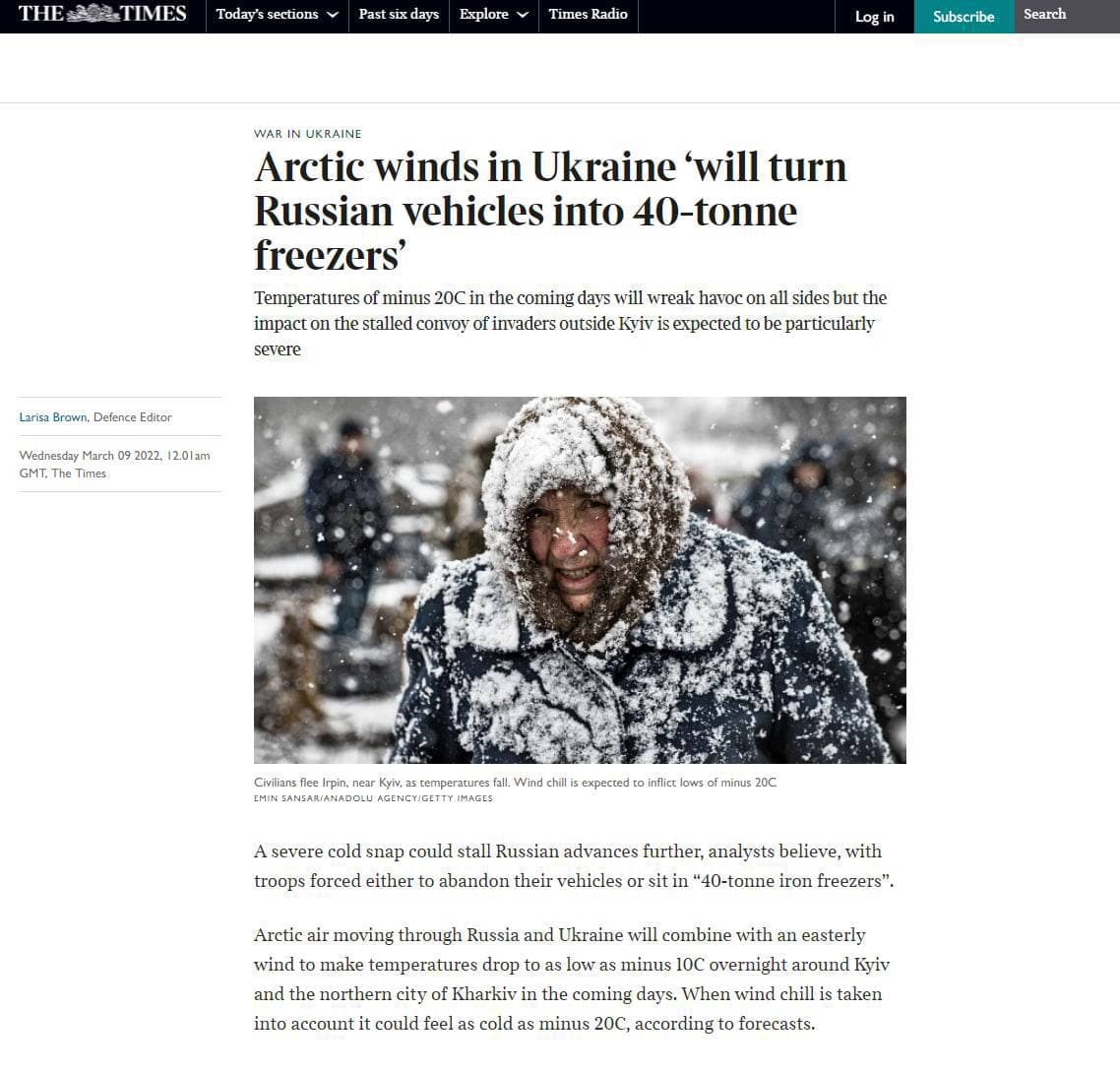 The Times writes that Arctic winds in Ukraine "will turn Russian cars into 40-ton freezers".