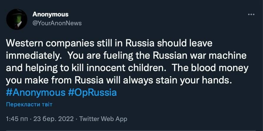 Anonymous Threatens Companies Still Working in Russia