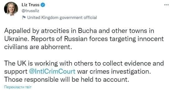 British Foreign Secretary Liz Truss Commented on Atrocities in Bucha