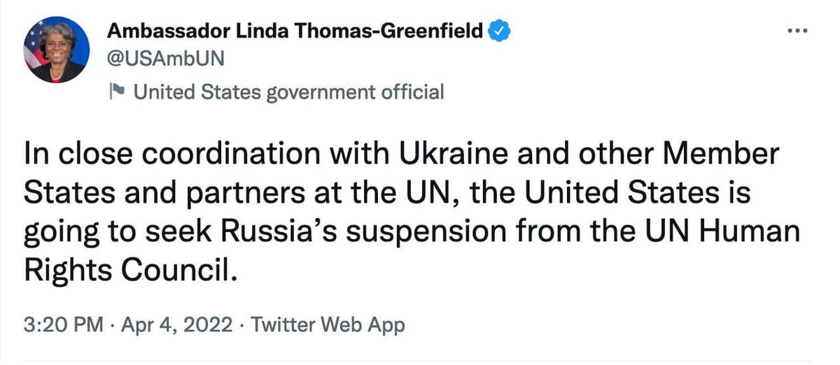 U.S. Is Seeking Russia’s Suspension From the UN Human Rights Council
