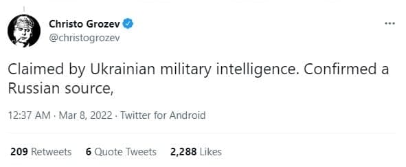 Hristo Groziev reports that a Russian source confirmed the death of Russian Maj. Gen.