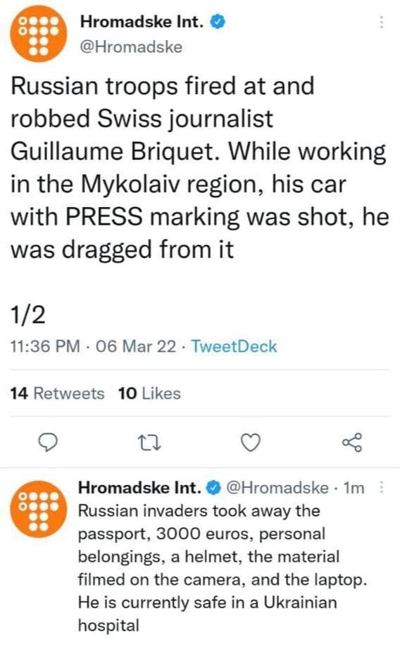 Russian soldiers attacked and robbed Swiss journalist Guillaume Bricke