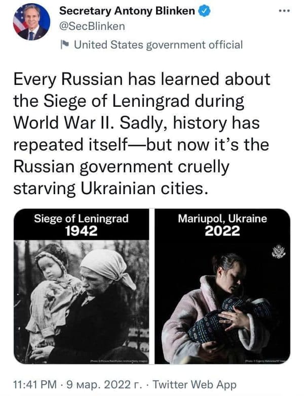 U.S. Secretary of State Anthony Blinken compared the blockade of Leningrad and Mariupol.
