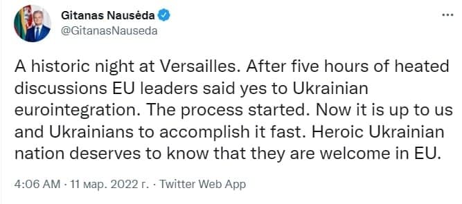 "The heroic Ukrainian people deserve to know that they are welcome in the EU," Lithuanian president