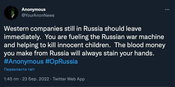 Anonymous Threatens Companies Still Working in Russia