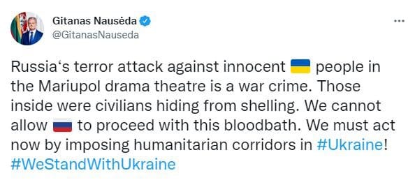 President of Lithuania Has Expressed His Outrage in Regards to the Attacks on the Mariupol Drama Theater