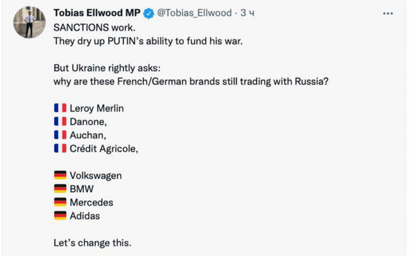 Tobias Ellwood Called on Companies Remaining in Russia to Leave the Russian Market
