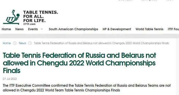 Table Tennis Teams from Russia and Belarus Are Suspended from World Championships
